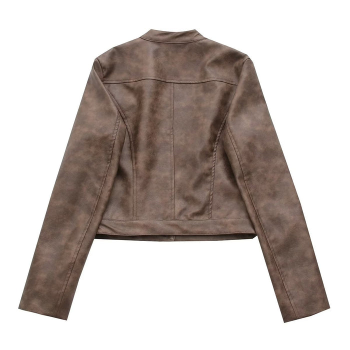 Fall Women Clothing Retro Distressed Motorcycle Stand Collar Long Sleeve Short Jacket Leather Coat