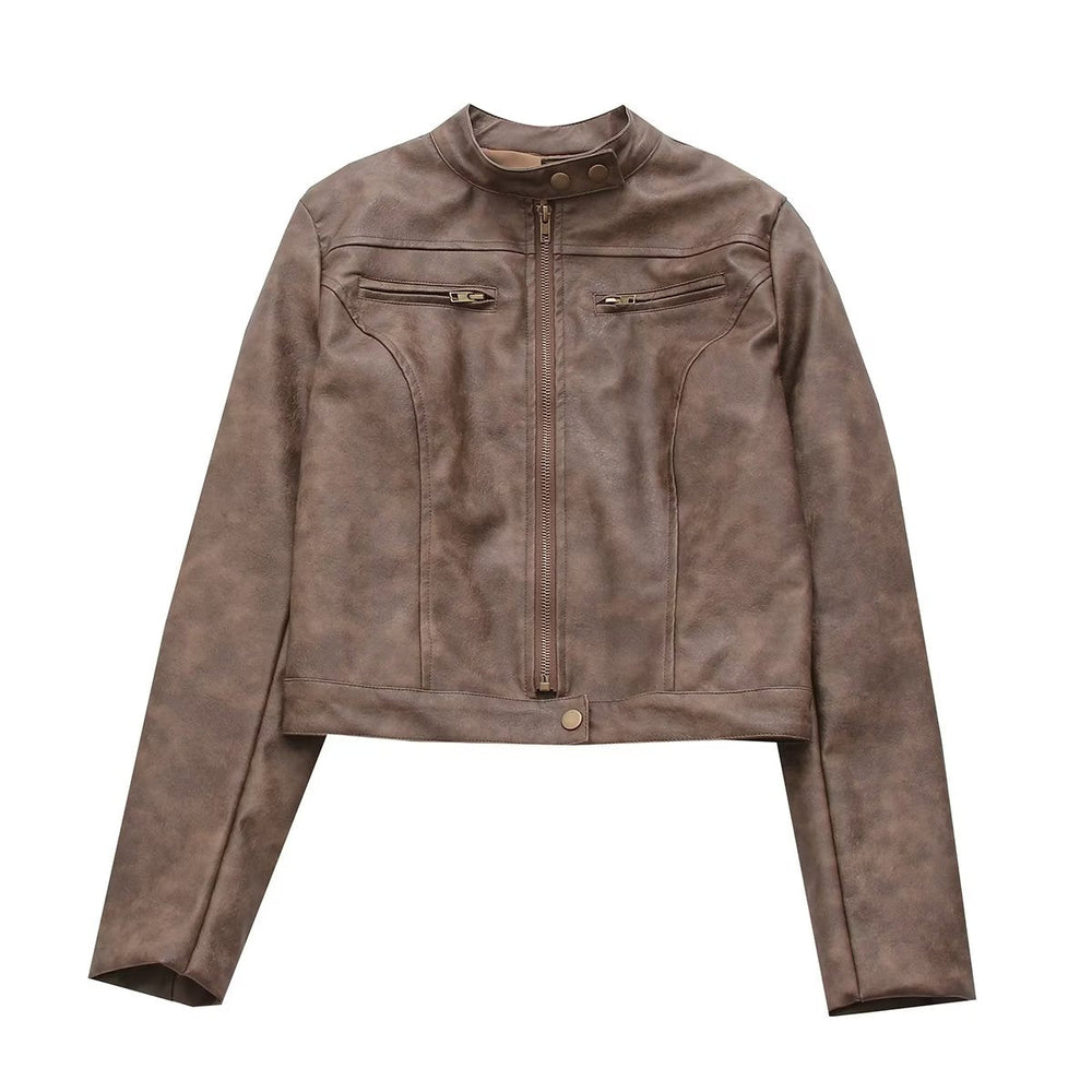 Fall Women Clothing Retro Distressed Motorcycle Stand Collar Long Sleeve Short Jacket Leather Coat
