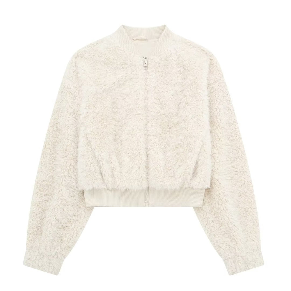 Autumn Winter Faux Fur Effect Fleece Short Bomber Jacket Coat Women