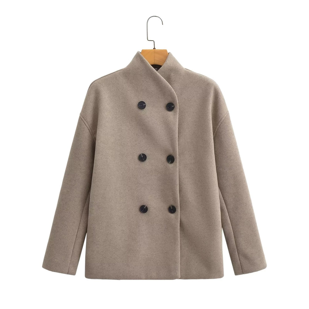 Fall Women Clothing Office Double Breasted Two Tone Woolen Coat