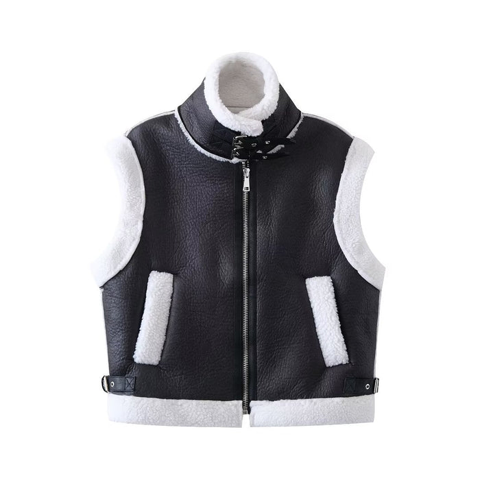 Faux Shearling Jacket Lamb Fur Vest Winter Thick Loose Slimming Waistcoat Lambswool Motorcycle Jacket