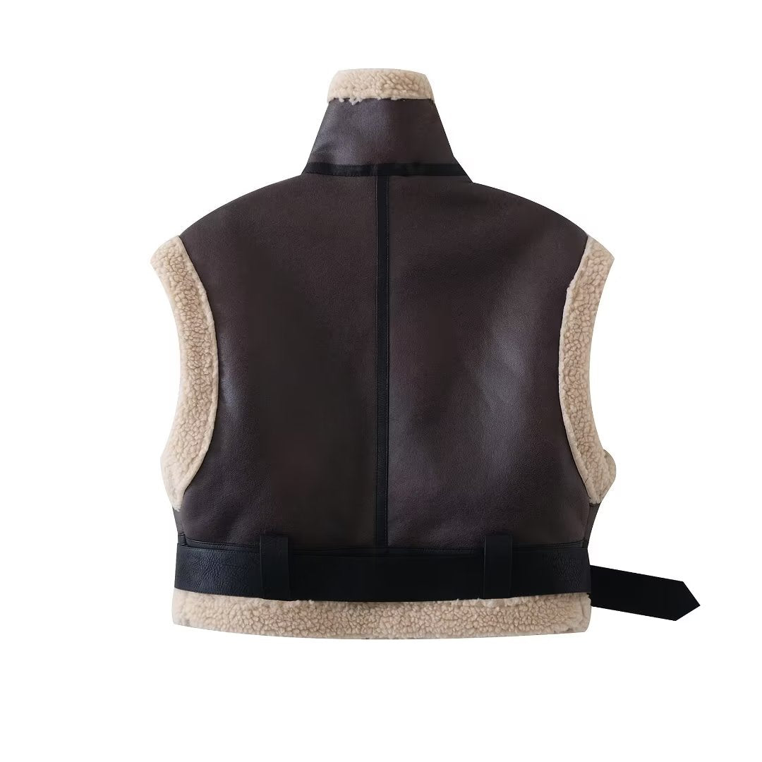Women Double Sided Short Chic Faux Shearling Jacket Personality Vest Vest Coat Stand Collar Short
