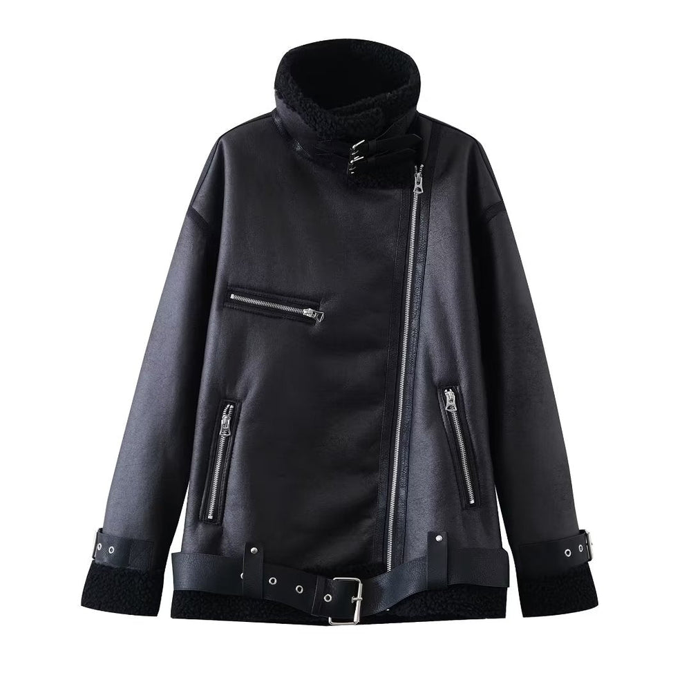 Women Thickened Coat with Belt Fur Autumn Winter Retro Casual Loose Motorcycle Clothing Jacket