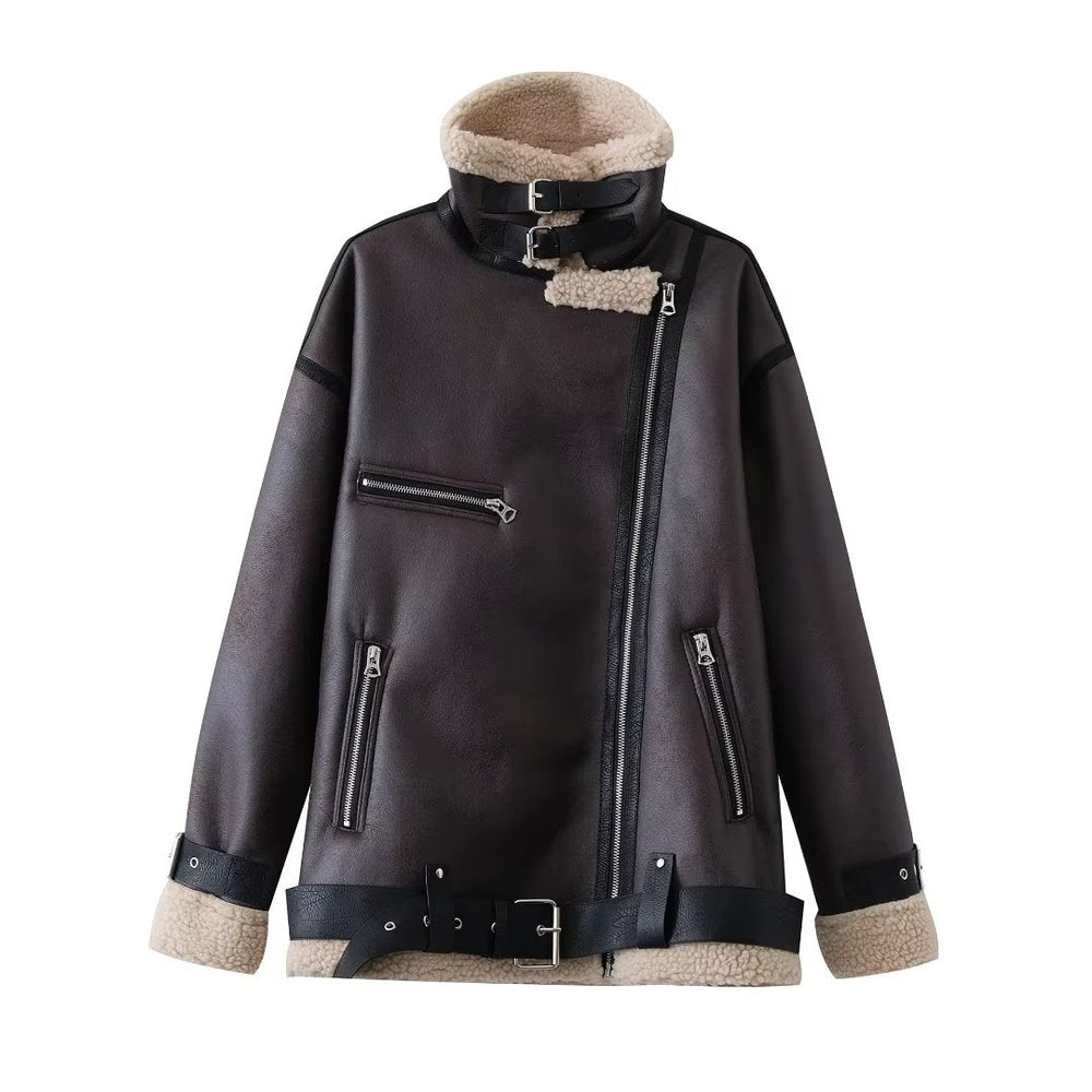 Women Thickened Coat with Belt Fur Autumn Winter Retro Casual Loose Motorcycle Clothing Jacket
