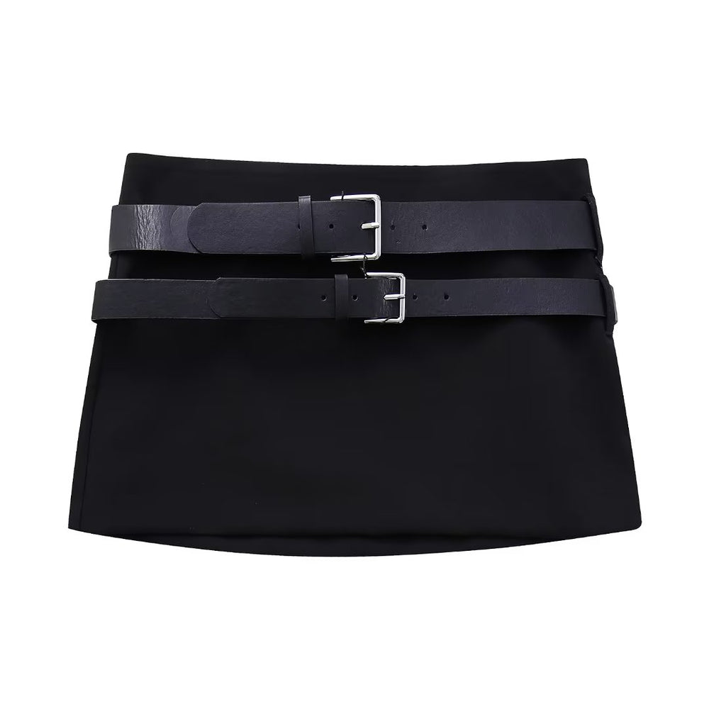 Autumn Winter Women Metal Buckle Decoration Short Skirt Pair Belt Skirt Mini Skirt Slimming