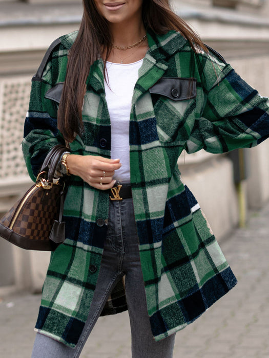 Winter Street Hipster Long Sleeve Collared Loose Plaid Woolen Women Coat