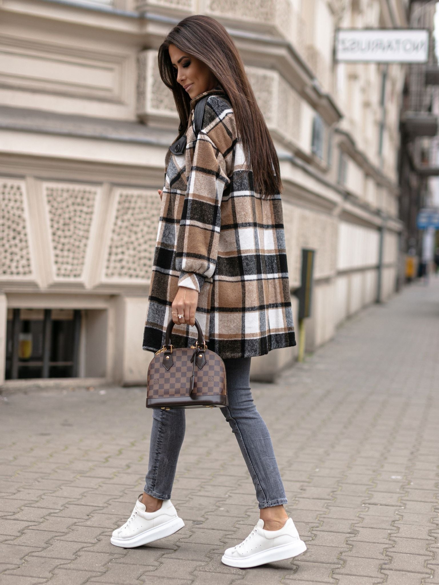 Winter Street Hipster Long Sleeve Collared Loose Plaid Woolen Women Coat