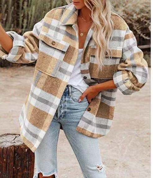 Winter Women Clothing Multicolor Plaid Shirt Women Woolen Coat