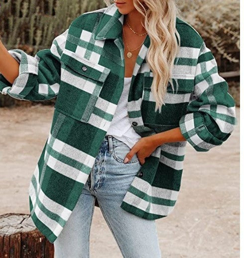 Winter Women Clothing Multicolor Plaid Shirt Women Woolen Coat