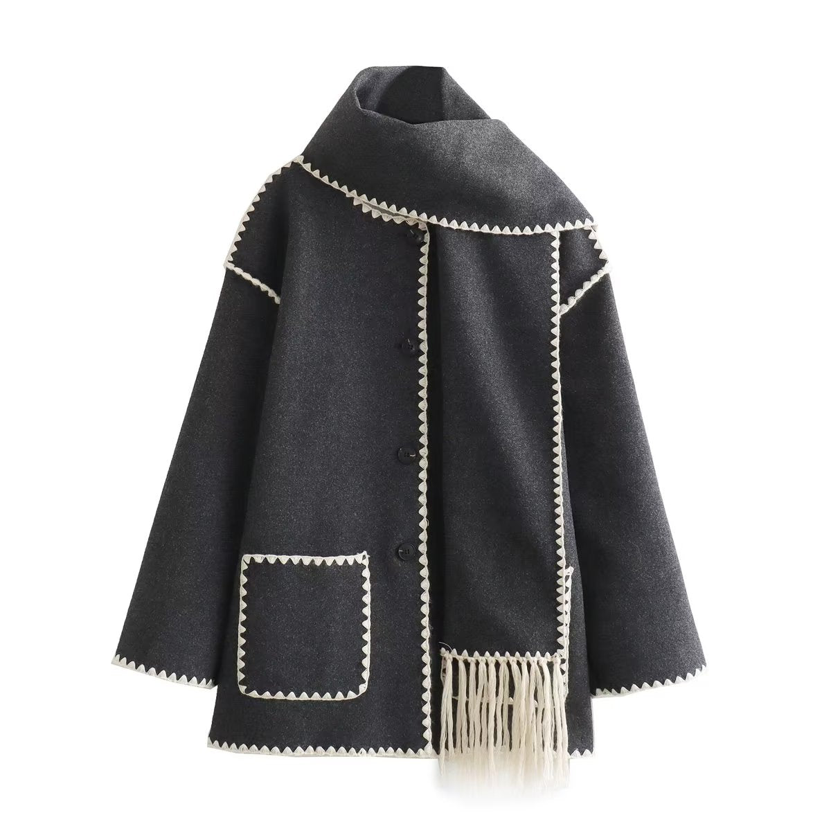 Autumn Women Solid Color Scarf Decoration Stitching Woolen Coat for Women