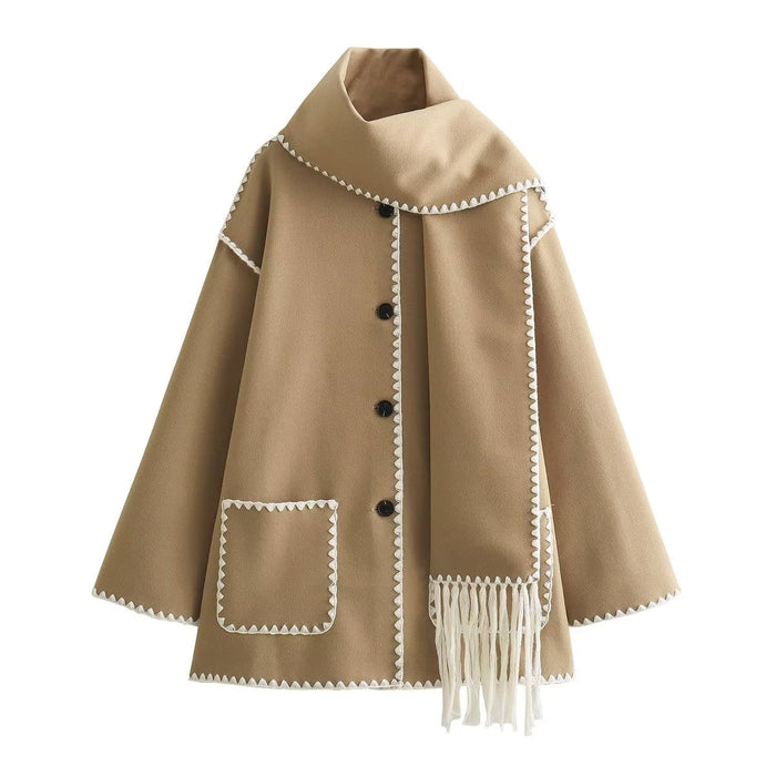 Autumn Women Solid Color Scarf Decoration Stitching Woolen Coat for Women