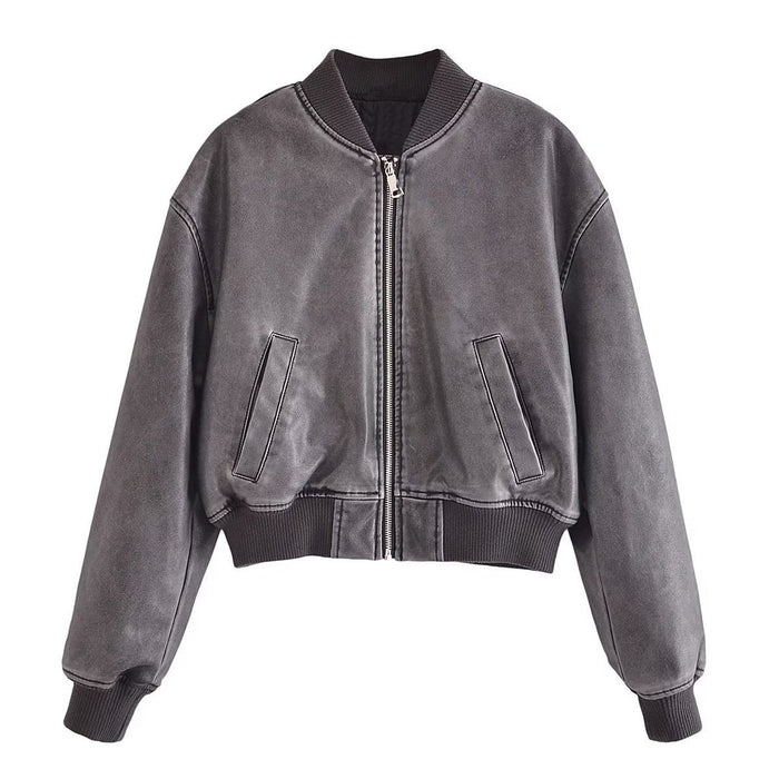 Autumn Women Clothing Washed Faux Leather Cotton Jacket Coat