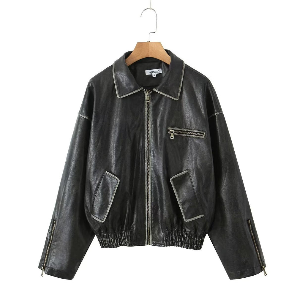 Heavy Industry Distressed Leather Jacket for Women Autumn Winter Sexy Retro Loose Brushed Faux Leather Jacket