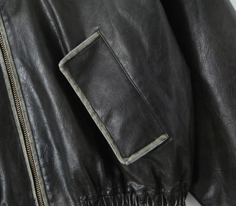 Heavy Industry Distressed Leather Jacket for Women Autumn Winter Sexy Retro Loose Brushed Faux Leather Jacket