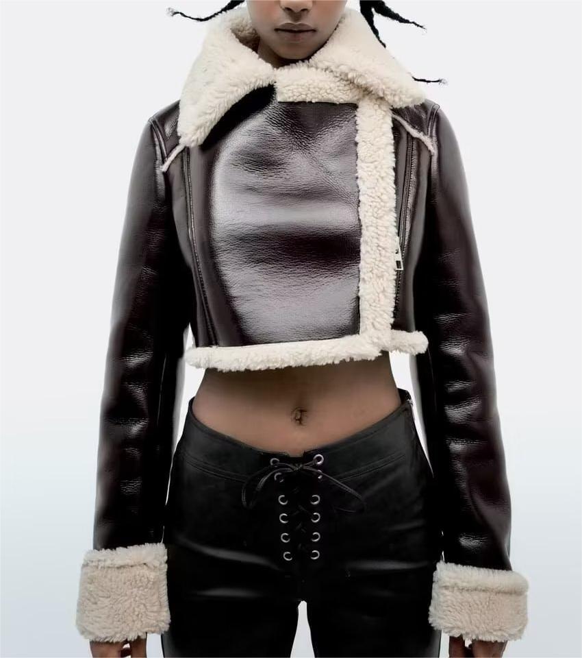 Autumn Winter Faux Shearling Jacket Short Street Sexy Motorcycle Clothing Coat