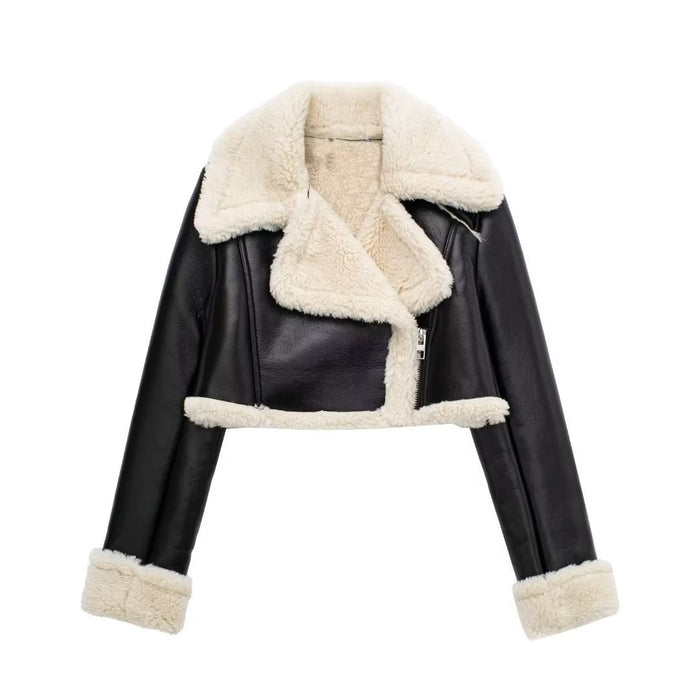 Autumn Winter Faux Shearling Jacket Short Street Sexy Motorcycle Clothing Coat