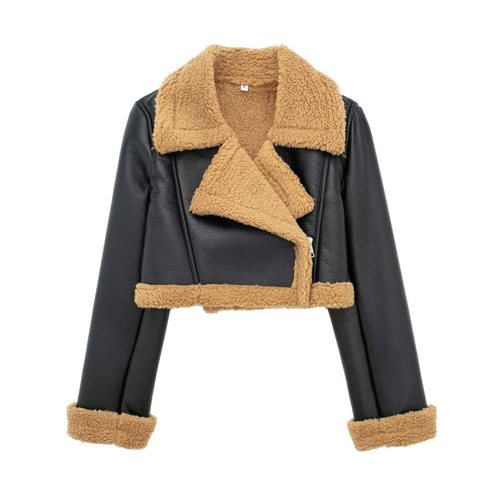 Autumn Winter Faux Shearling Jacket Short Street Sexy Motorcycle Clothing Coat
