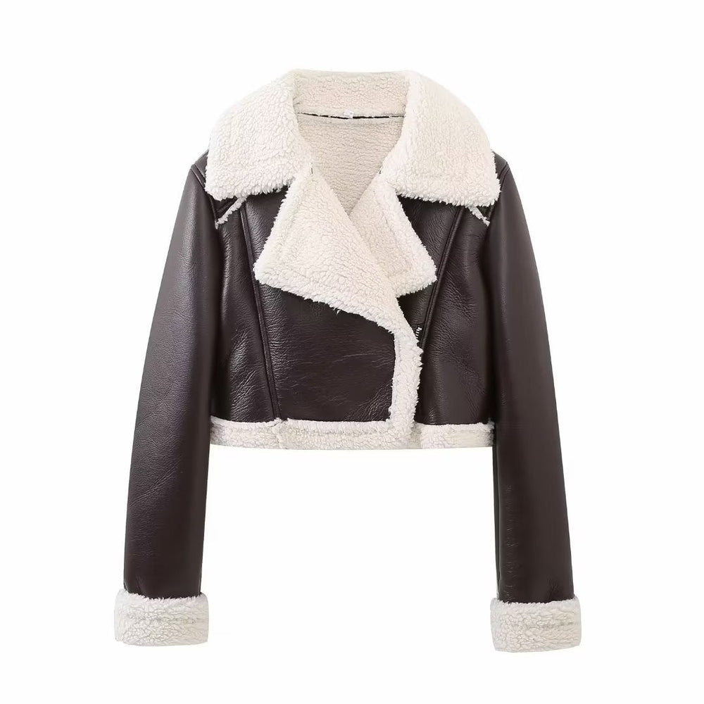 Autumn Winter Faux Shearling Jacket Short Street Sexy Motorcycle Clothing Coat