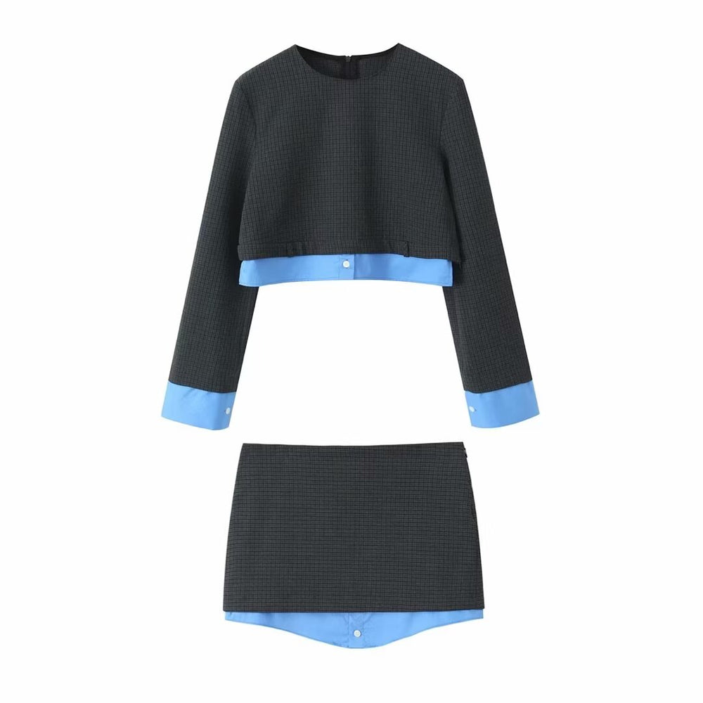 Fall Women Clothing Patchwork Top Mini Skirt Sets