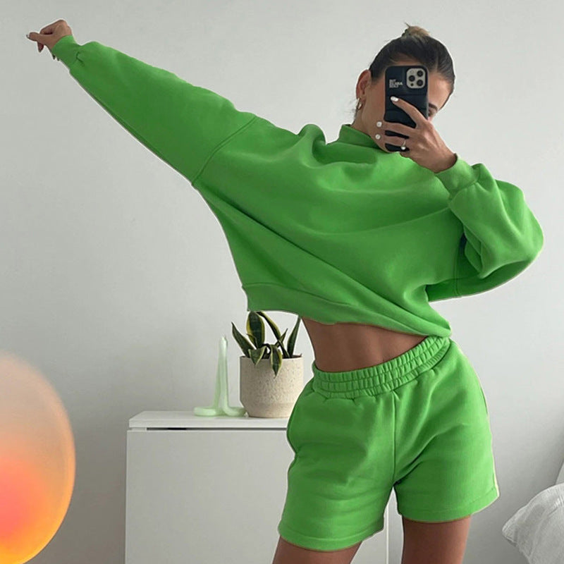 Women Clothing Autumn Casual Solid Color Turtleneck Long Sleeved Top Sports Shorts Two Piece Set