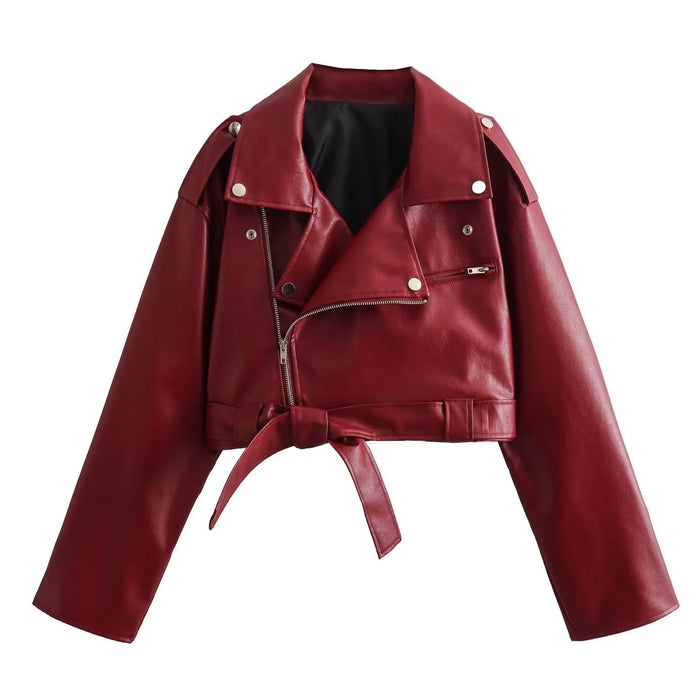 Fall Women Clothing All Match Motorcycle Clothing Collared Long Sleeve Faux Leather Jacket Coat Women