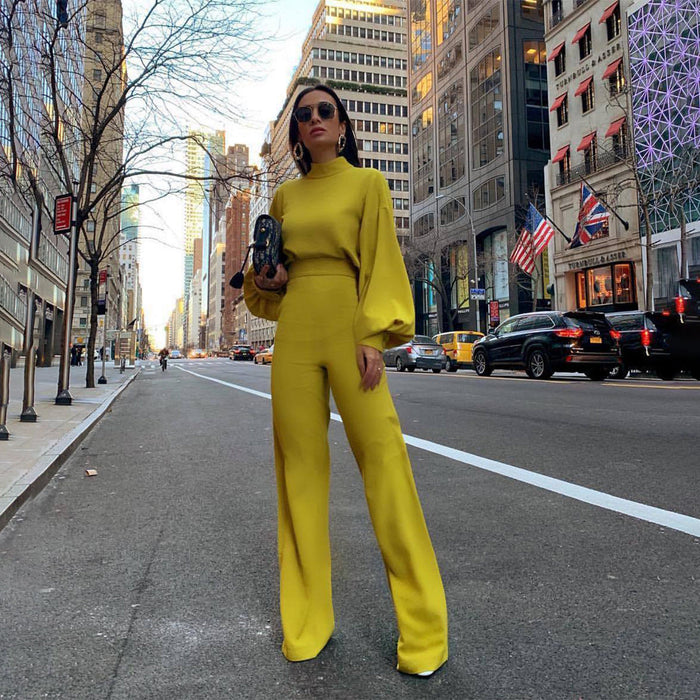 Solid Color Turtleneck Backless Long Sleeves Casual One piece Trousers