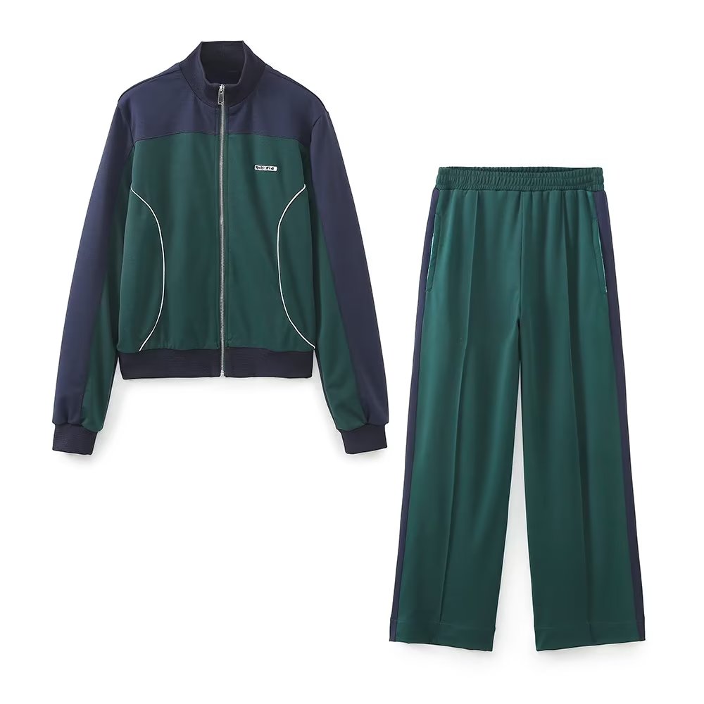 Retro Sports Suit Stand Collar Long-Sleeve Zipper Short Coat High Waist Stretch Trousers