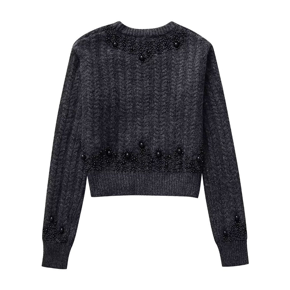 Women Clothing Solid Color round Neck Long Sleeve Artificial Decorated Pearls Texture Sweater