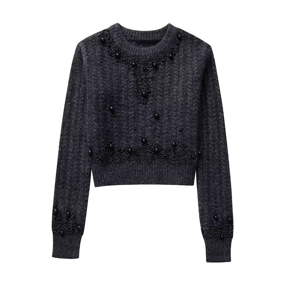 Women Clothing Solid Color round Neck Long Sleeve Artificial Decorated Pearls Texture Sweater