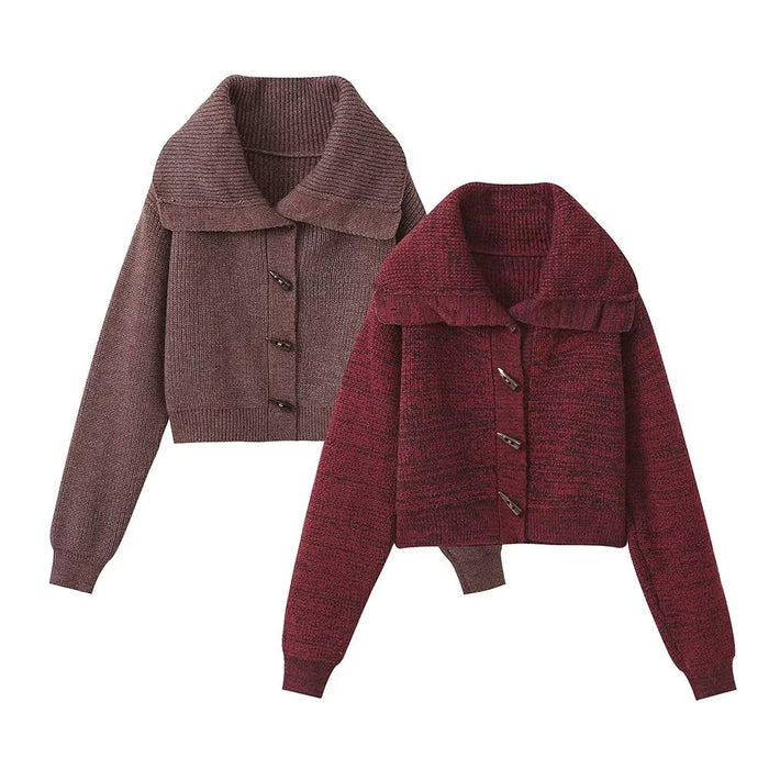 Idle Collared Sweater Coat Women Autumn Winter Soft Glutinous Horn Button Knitted Cardigan Waist Trimming Short Tops Outerwear