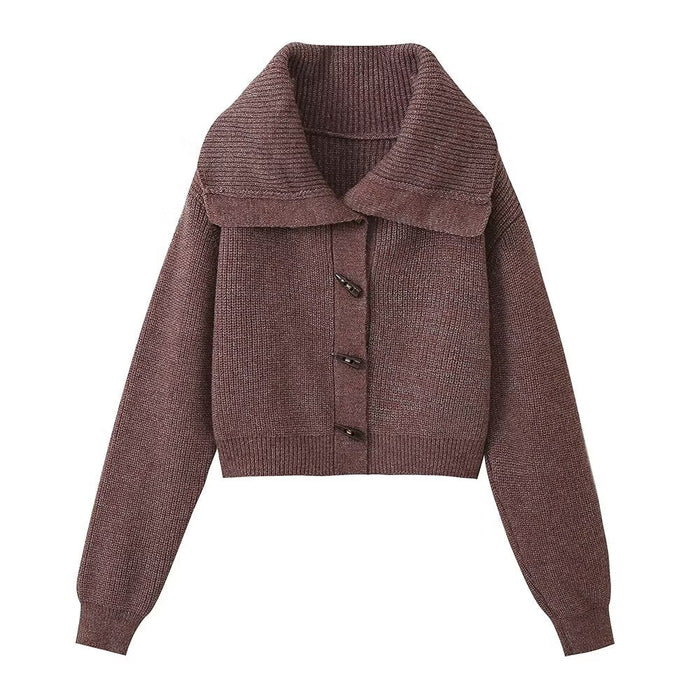 Idle Collared Sweater Coat Women Autumn Winter Soft Glutinous Horn Button Knitted Cardigan Waist Trimming Short Tops Outerwear