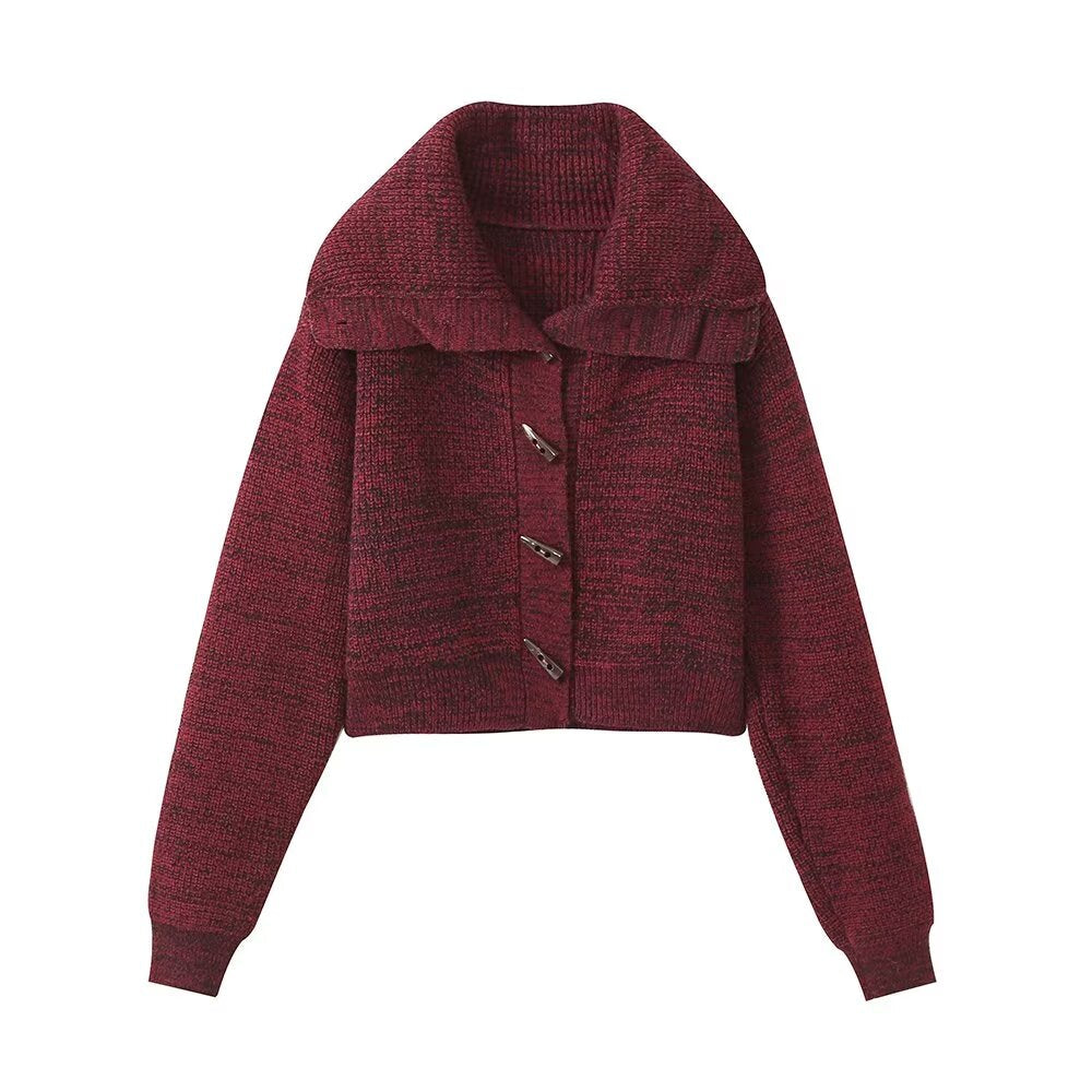 Idle Collared Sweater Coat Women Autumn Winter Soft Glutinous Horn Button Knitted Cardigan Waist Trimming Short Tops Outerwear