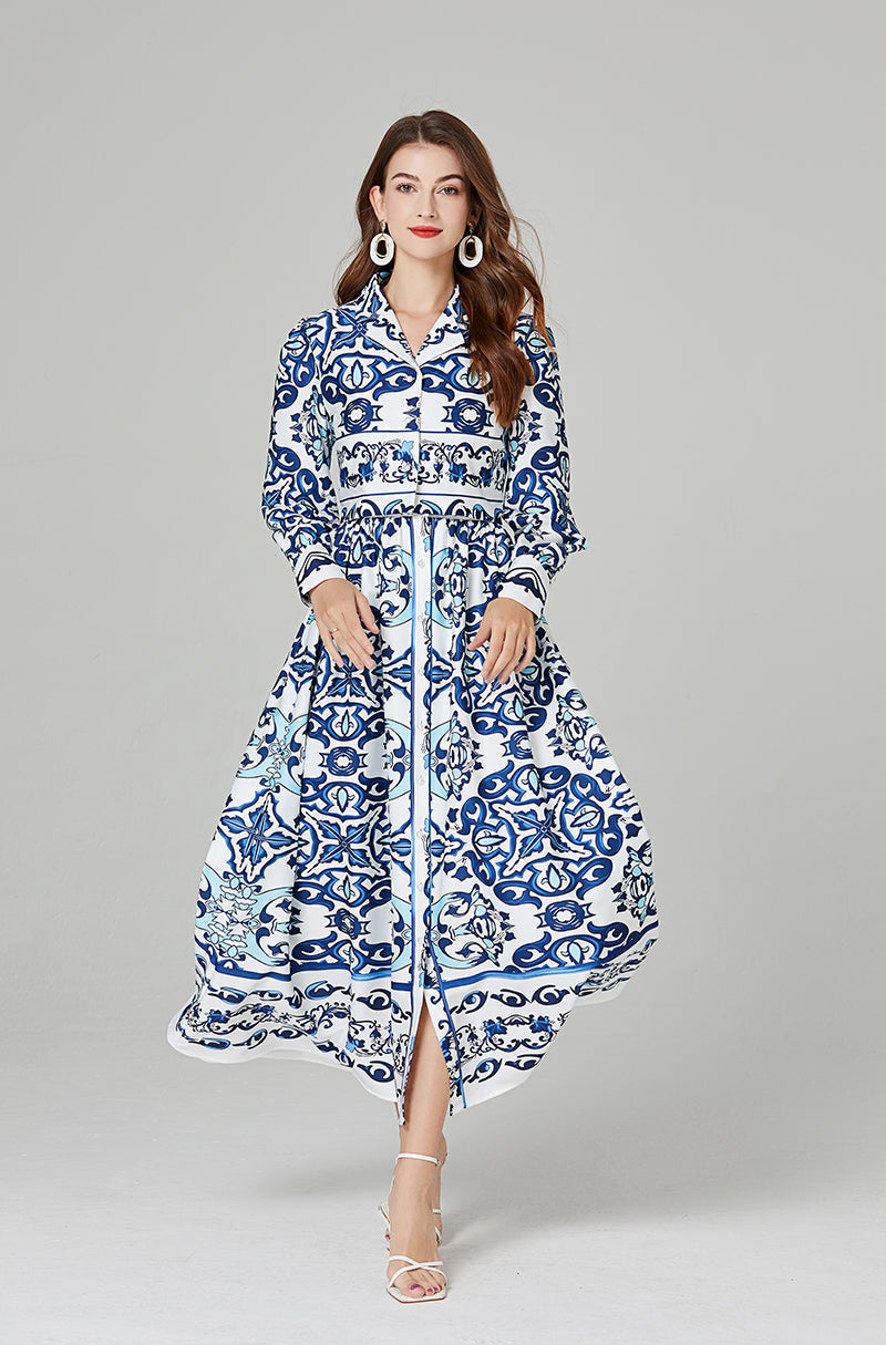 Women Spring and Autumn Elegant Retro Blue and White Porcelain Top Jacket Large Swing Skirt Fashion Two piece Set