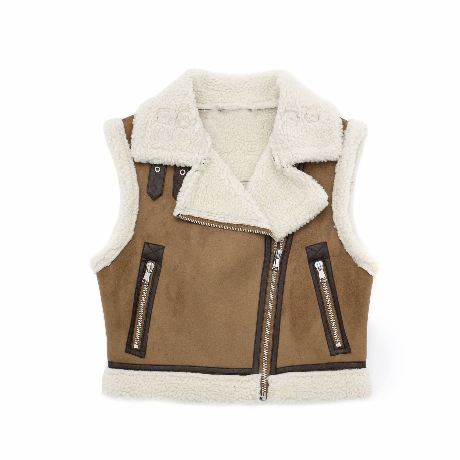 Autumn Winter Women Clothing Polo Collar Zipper Faux Shearling Jacket Vest