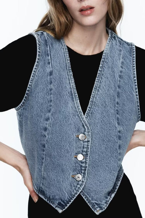 All Matching Retro V neck Washing Effect Denim Vest