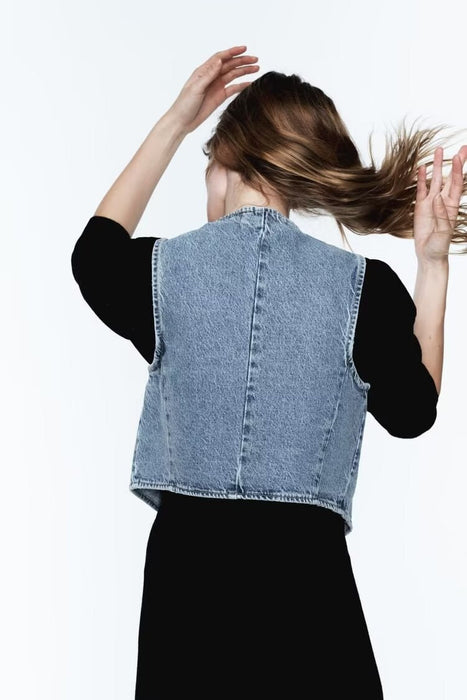 All Matching Retro V neck Washing Effect Denim Vest