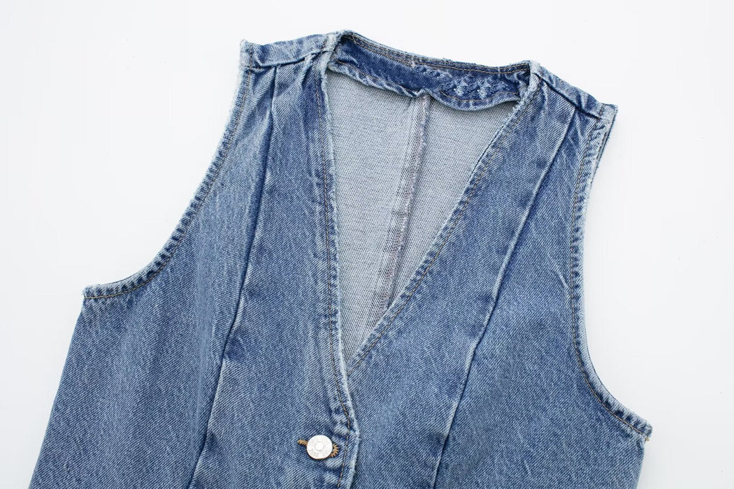 All Matching Retro V neck Washing Effect Denim Vest