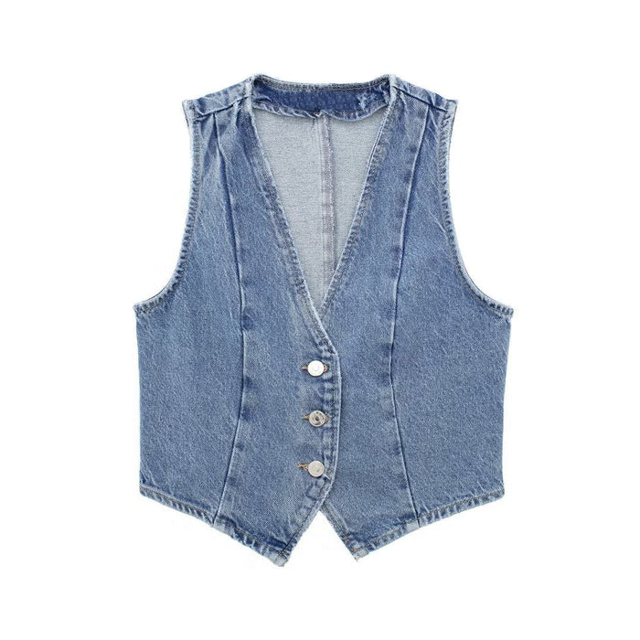 All Matching Retro V neck Washing Effect Denim Vest