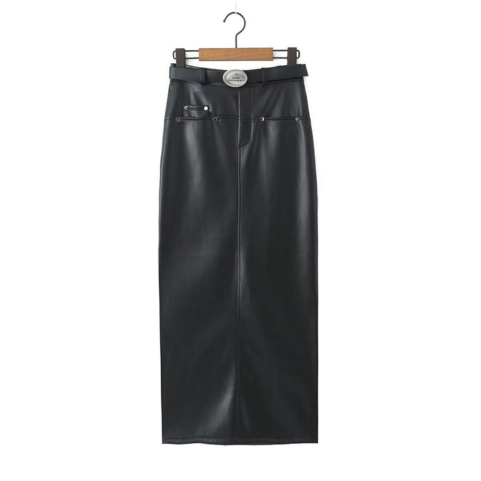 Autumn Winter High Waist Skirt Glossy Sexy All Matching High Grade Split Fleece Lined Faux Leather Skirt Straight