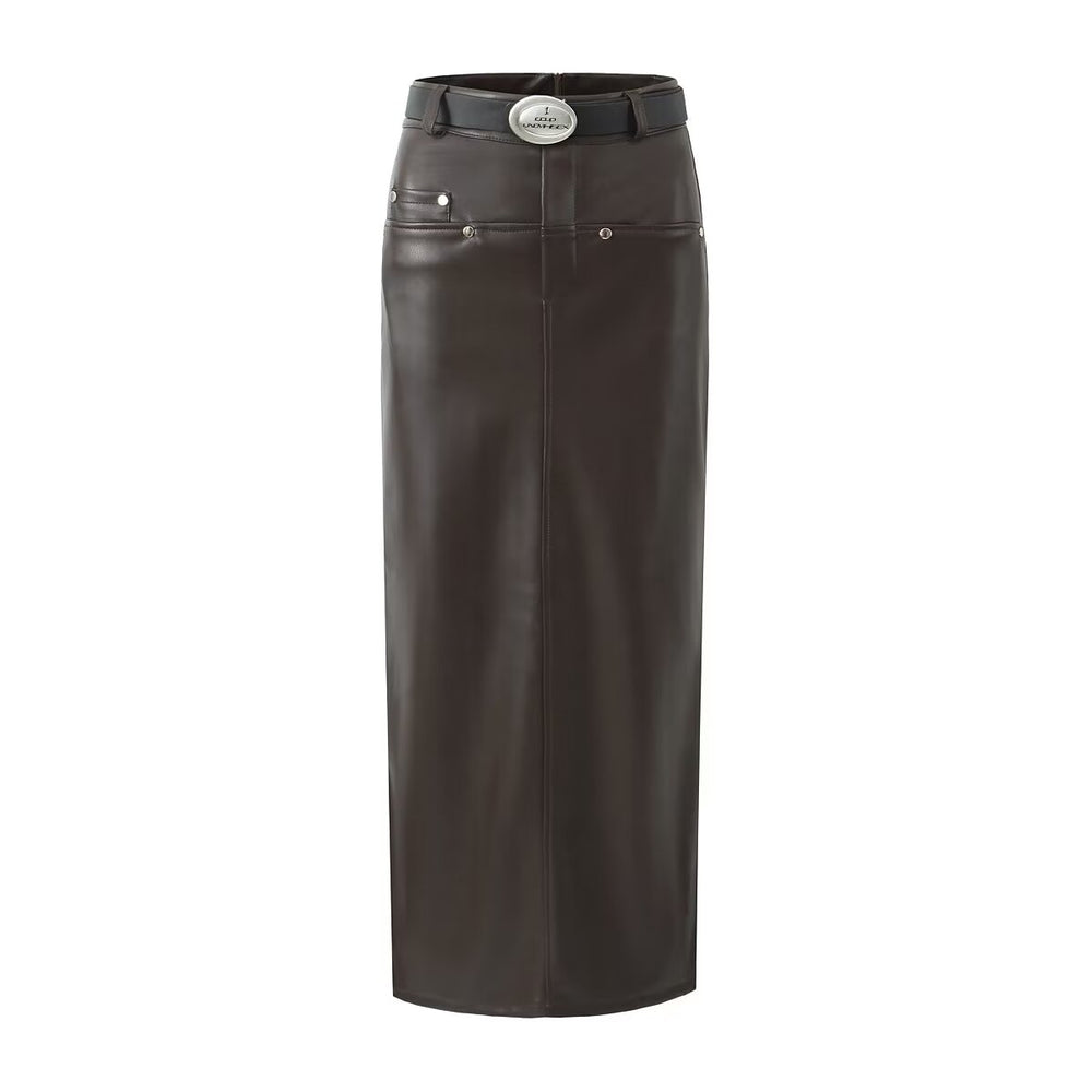 Autumn Winter High Waist Skirt Glossy Sexy All Matching High Grade Split Fleece Lined Faux Leather Skirt Straight