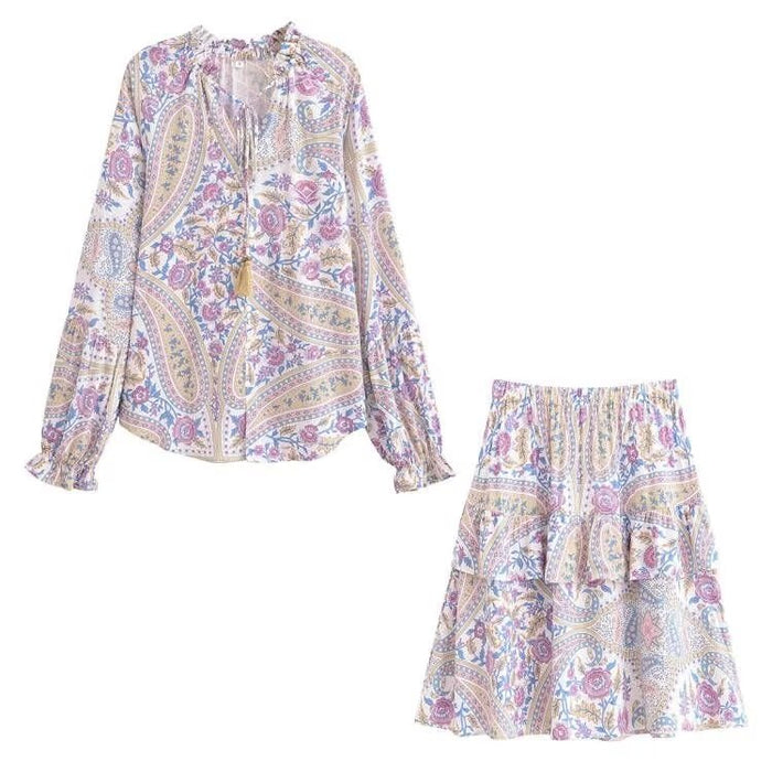 Autumn Printing Decorated Tassel Long Sleeve Loose Top Elastic Waist Tiered Skirt Set Women