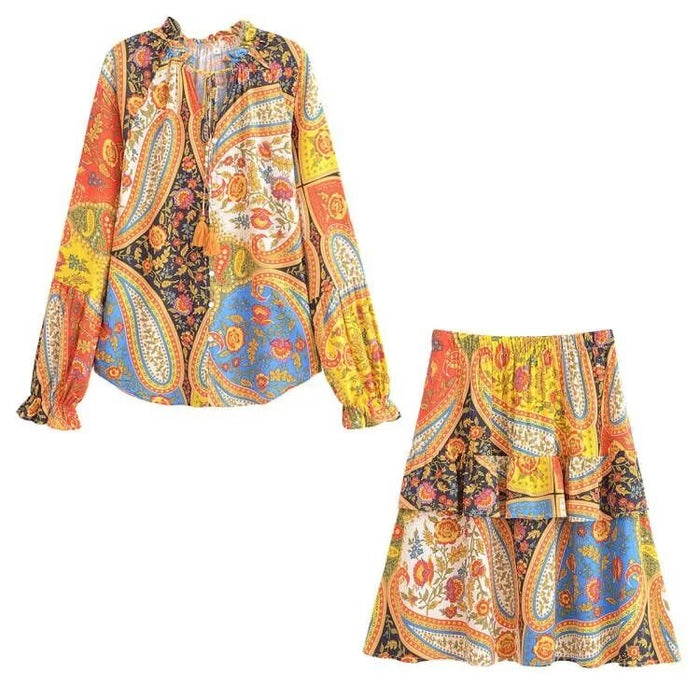 Autumn Printing Decorated Tassel Long Sleeve Loose Top Elastic Waist Tiered Skirt Set Women