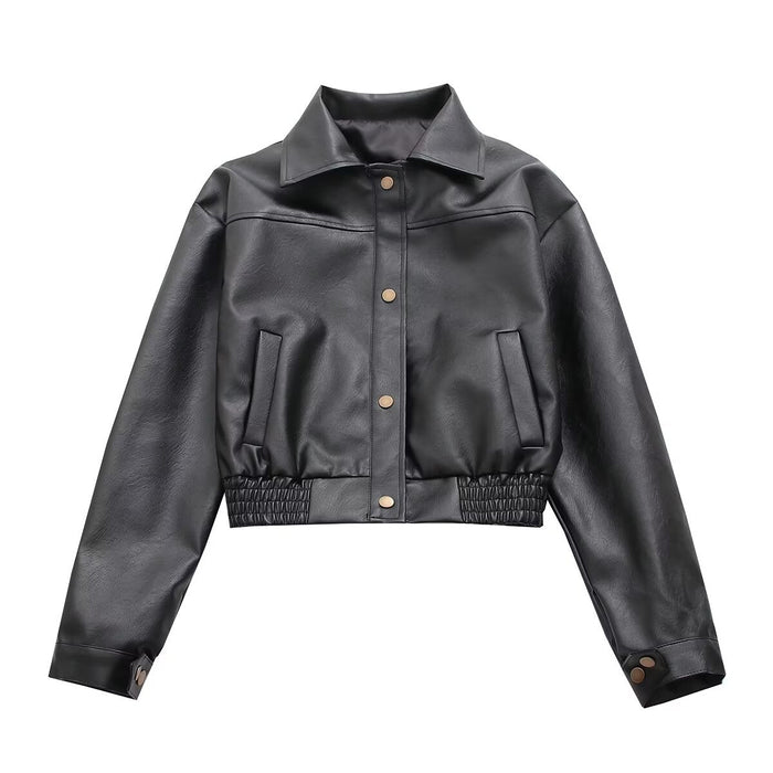 Black Short Leather Jacket Women Autumn Hong Kong Retro Loose Lapels Short Coat