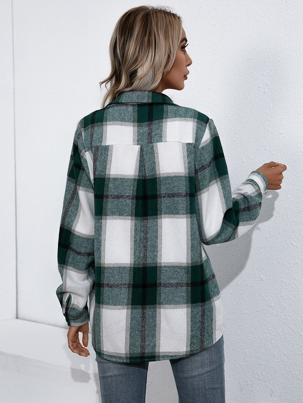 Autumn Winter Women Long Sleeved Single Breasted Casual Plaid Shirt Woolen Outer