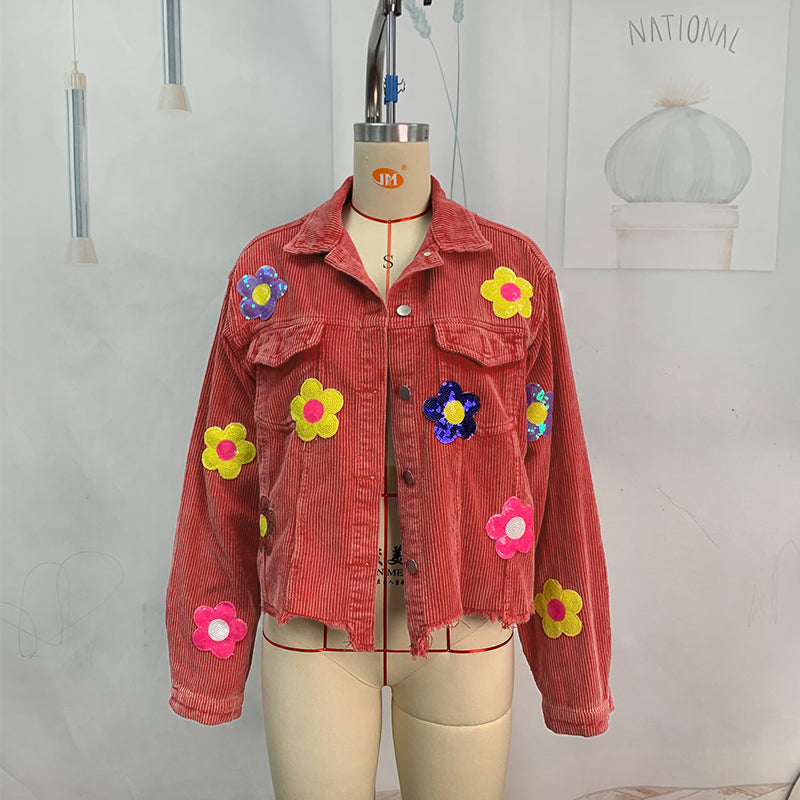 Autumn Winter Corduroy Patchwork Sequined Jacket Top Women Varsity Jacket