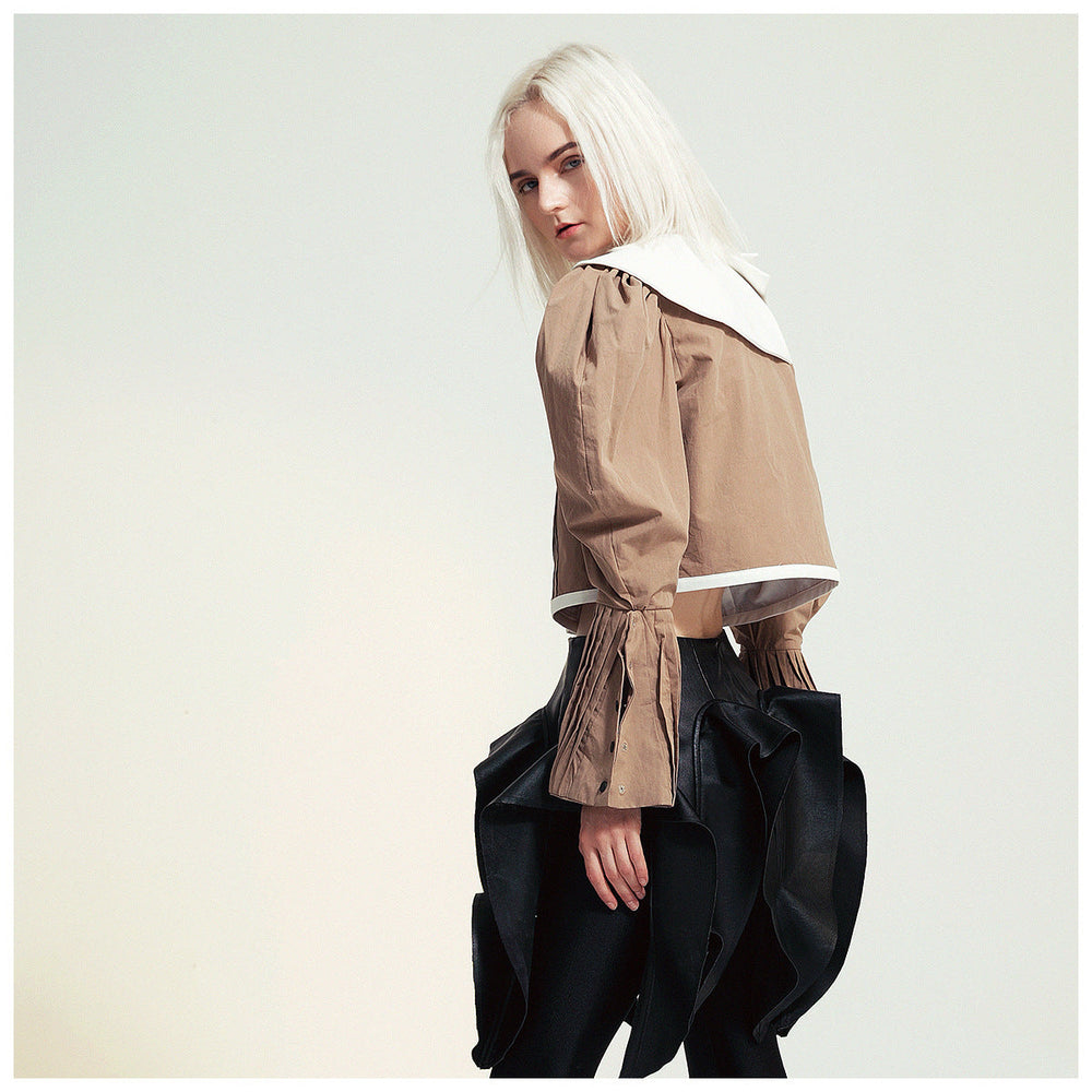 Autumn Winter French Minority Design Asymmetric Color Effect Collar Gigot Sleeve Short Shirt Jacket