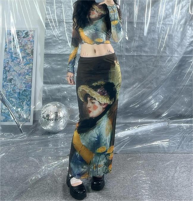 Girl Print Design Transparent Long Sleeves Cropped Top Long Skirt Women Suit