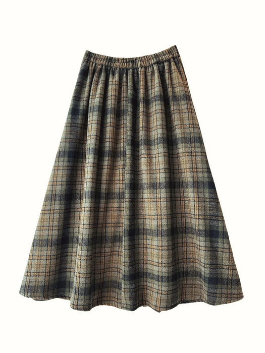 Green Tartan Skirt Women Autumn Winter High Waist A Line Umbrella Skirt Mid Length Woolen Skirt Small