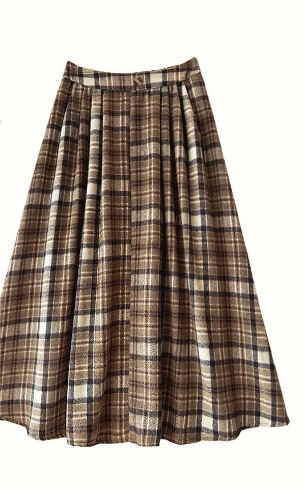 Green Tartan Skirt Women Autumn Winter High Waist A Line Umbrella Skirt Mid Length Woolen Skirt Small