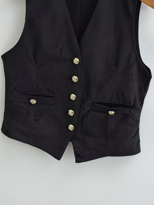 Women Clothing French Black Velvet V Neck Vest Jacket